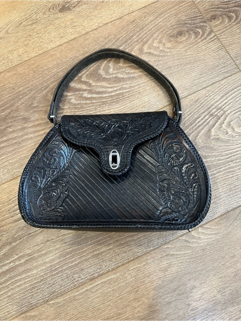 Vintage Black Tooled Leather Shoulder Bag with adjustable strap